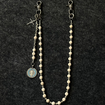 Pásová retiazka s krížovým príveskom a korálkami z borovicového kameňa — ručne vyrobená z kovu, unisex hip-hop štýl, model K2003