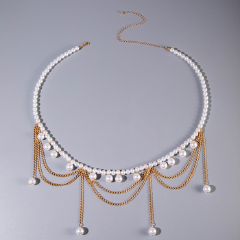 Dámska kovová opasná reťaz s perlami a strapcom – telo reťaz s geometrickým dizajnom