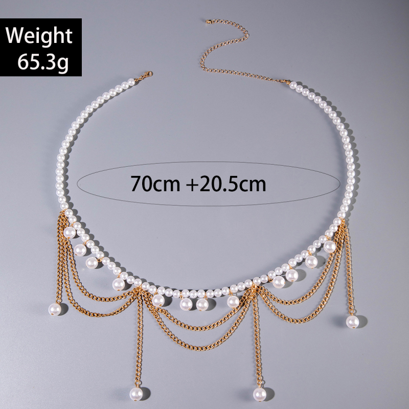 Dámska kovová opasná reťaz s perlami a strapcom – telo reťaz s geometrickým dizajnom