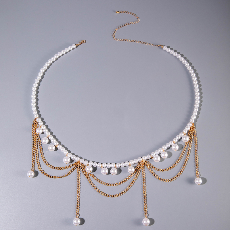 Dámska kovová opasná reťaz s perlami a strapcom – telo reťaz s geometrickým dizajnom