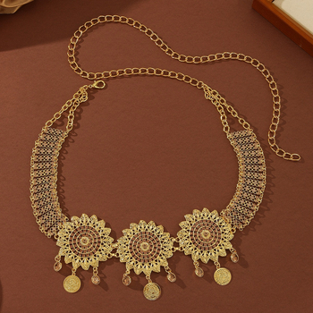 Pásový náhrdelník s motívmi slnečnice a margarétky, prívesok na mincu; materiál: zliatina; spracovanie: elektroplatina; štýl: originálny dizajn; tvar: ženský geometrický; výrobné číslo: St309