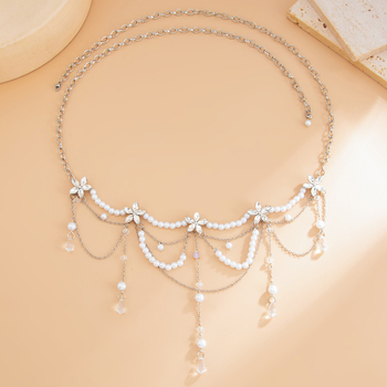 Pásová retiazka s strapcami, kvietkovými perličkami a krištáľmi, ručne vyrobená zo zliatiny