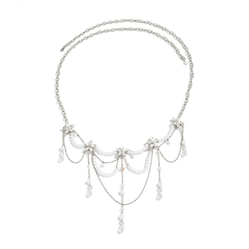 Pásová retiazka s strapcami, kvietkovými perličkami a krištáľmi, ručne vyrobená zo zliatiny