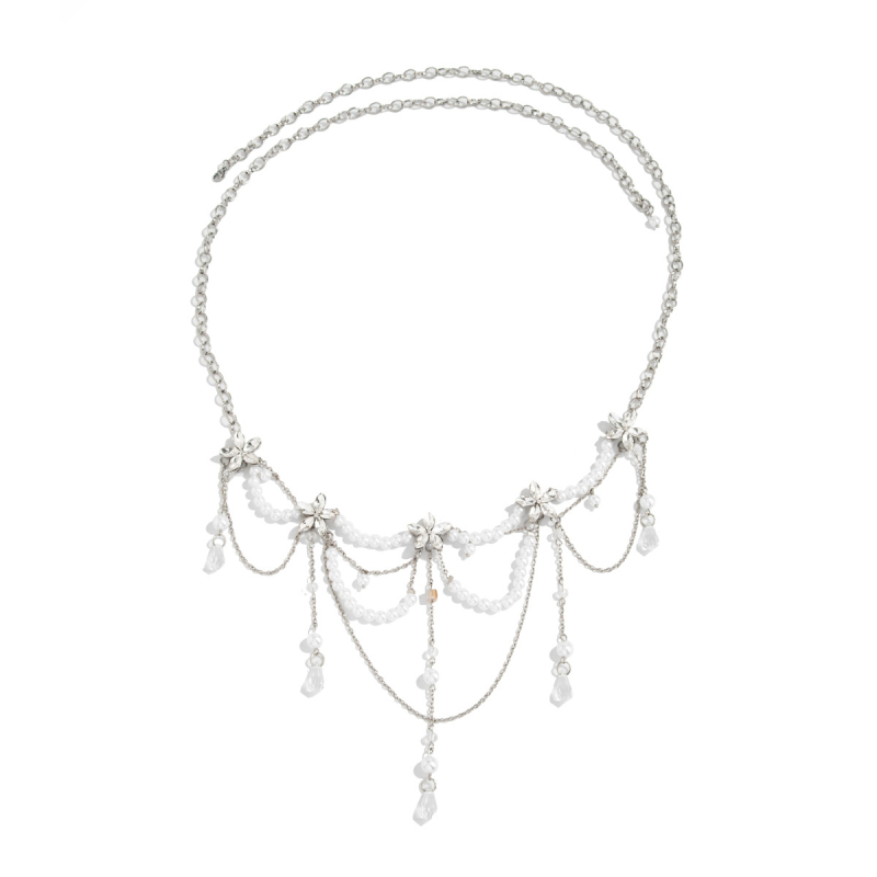 Pásová retiazka s strapcami, kvietkovými perličkami a krištáľmi, ručne vyrobená zo zliatiny