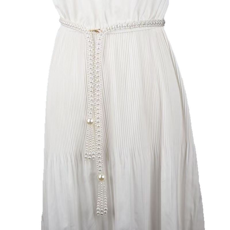 Dizhi pásová retiazka s brmbolcmi a falošnými perlami, ručne pletená, geometrický tvar, dámsky jemný štýl