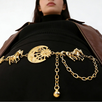 Csípőlánc fém, lovas fej dizájn, csillag–hold motívum – cinkötvözet, galván bevonat, sztár utcai stílus (S3950)