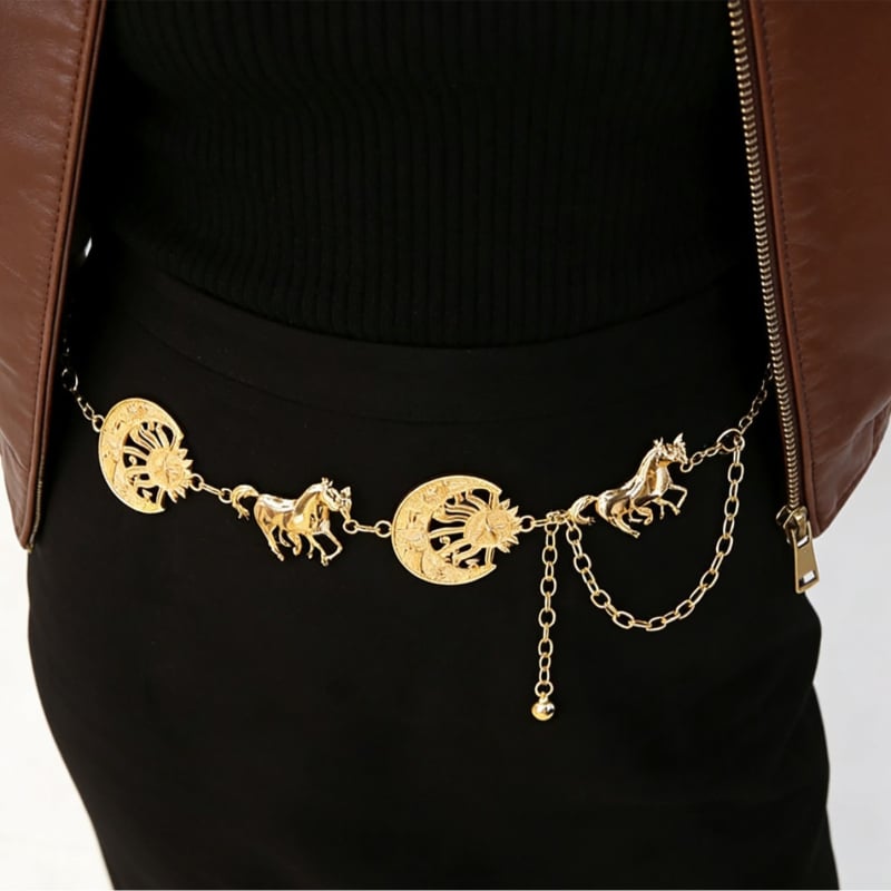 Csípőlánc fém, lovas fej dizájn, csillag–hold motívum – cinkötvözet, galván bevonat, sztár utcai stílus (S3950)