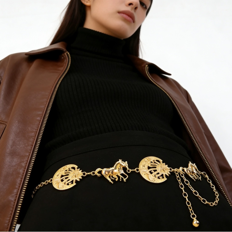 Csípőlánc fém, lovas fej dizájn, csillag–hold motívum – cinkötvözet, galván bevonat, sztár utcai stílus (S3950)