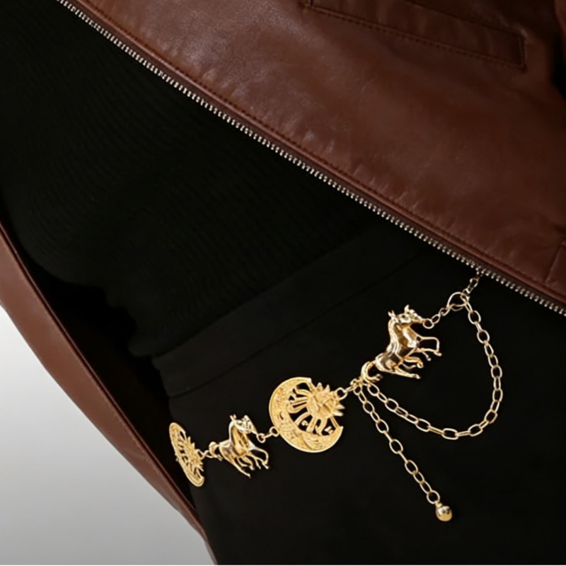 Csípőlánc fém, lovas fej dizájn, csillag–hold motívum – cinkötvözet, galván bevonat, sztár utcai stílus (S3950)