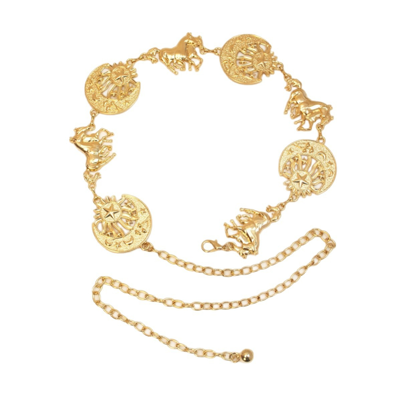 Csípőlánc fém, lovas fej dizájn, csillag–hold motívum – cinkötvözet, galván bevonat, sztár utcai stílus (S3950)