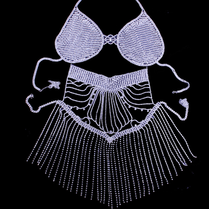 Ženski body chain, geometrijski dizajn od legure sa bijelim kristalima, elektroplatiranje