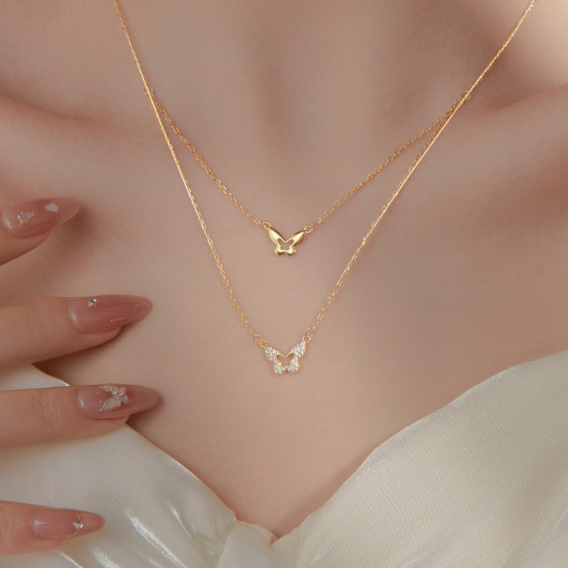 Colier dublu cu fluture, Argint 925, Lanț cu cruce, Greutate 2,3 g