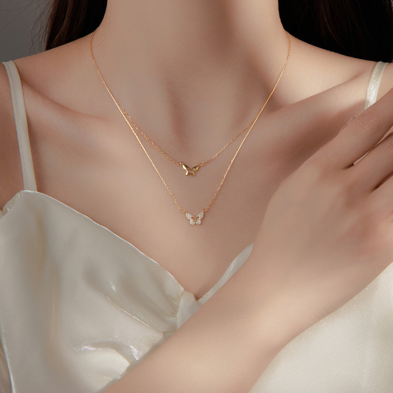 Colier dublu cu fluture, Argint 925, Lanț cu cruce, Greutate 2,3 g