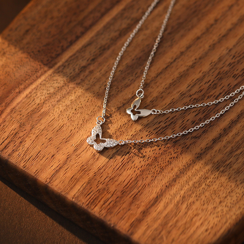 Colier dublu cu fluture, Argint 925, Lanț cu cruce, Greutate 2,3 g