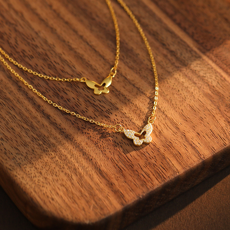 Colier dublu cu fluture, Argint 925, Lanț cu cruce, Greutate 2,3 g