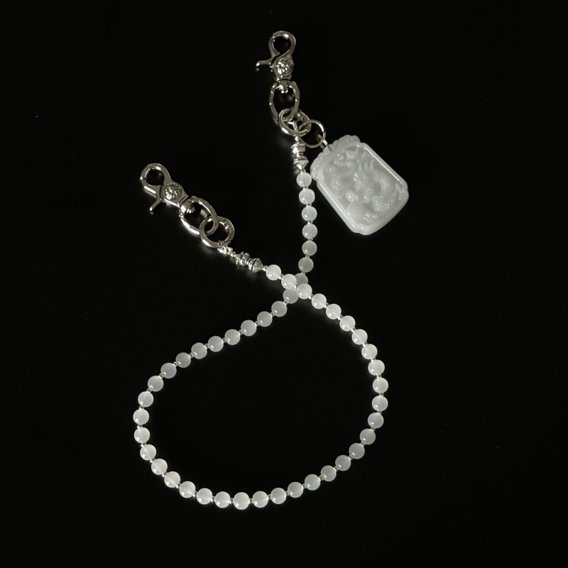 Lanț pentru pantaloni cu mărgele de jad și piatră albă, lucrat manual, stil chinezesc, unisex