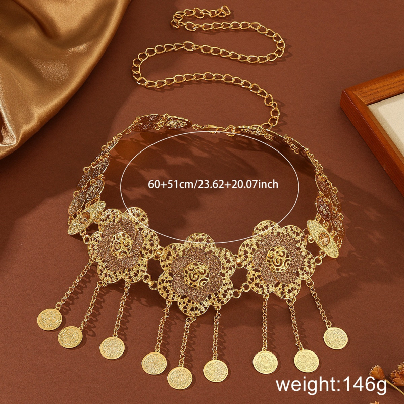 Bedrový reťaz s dutým kvetom a mincou, zliatina, elektroplakovanie, pôvodný dizajn