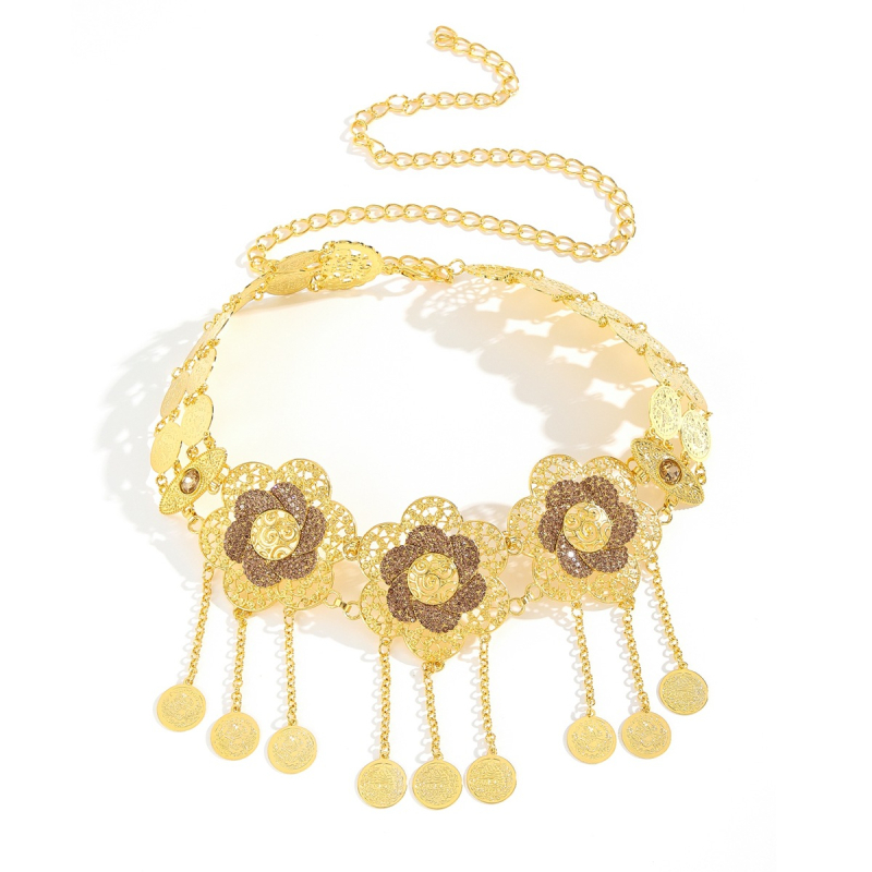 Bedrový reťaz s dutým kvetom a mincou, zliatina, elektroplakovanie, pôvodný dizajn