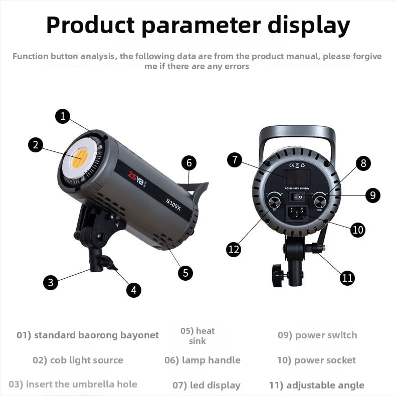 Shadow bang B300x — Profesionāla fotolampa, divu temperatūru apgaismojums, 220W/220V, E40 galva, regulējama spilgtums, neatkarīgs barošanas avots, piemērota kā galvenā gaisma tiešraides un portretu video veidošanai