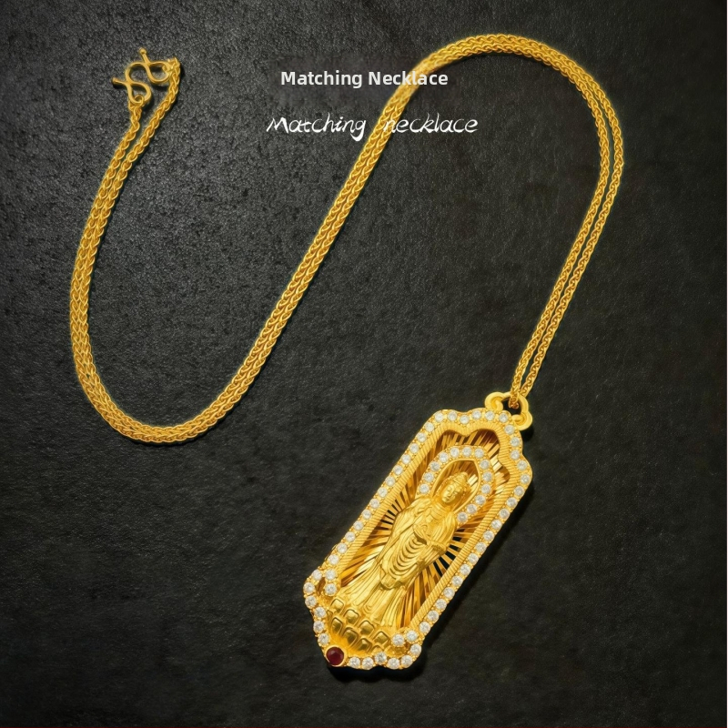 Колие с пет медальона Буда: Гуаньин и геометричен дизайн, позлатен месинг, микро поставяне на камъни, есен 2024, около 10 г