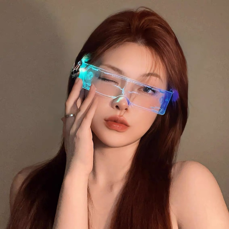 LED spīdīgas kiberspunk brilles – akrila rāmis, rekvizīta brilles fotogrāfijām, zīmols YIWEI STUDIO