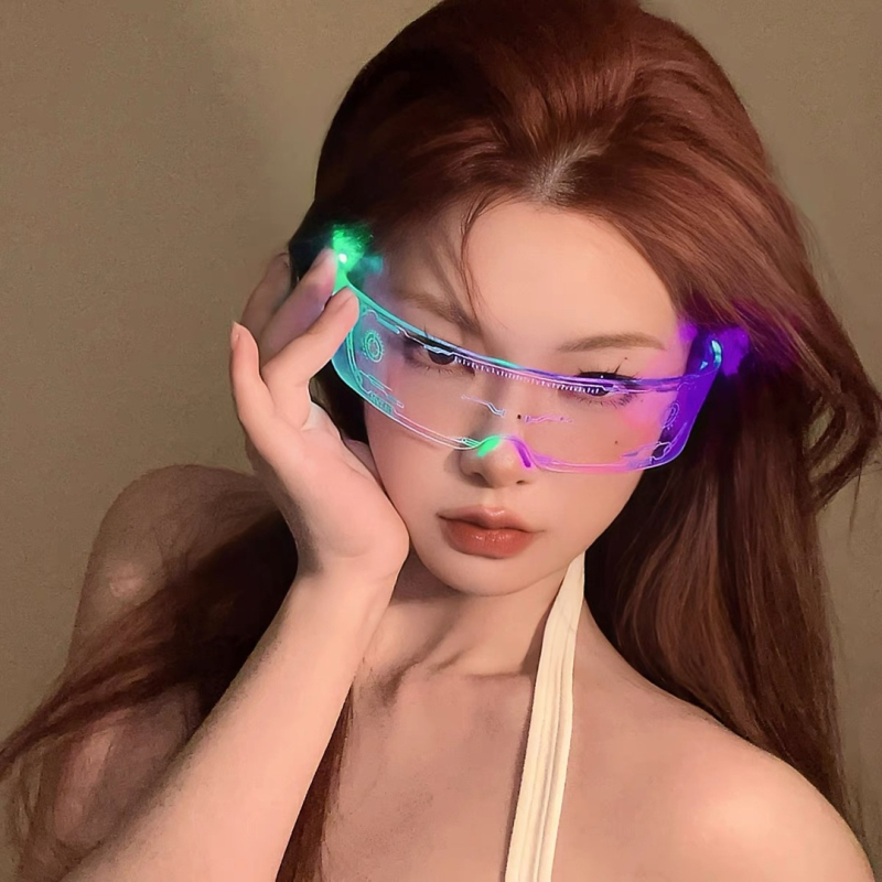 LED spīdīgas kiberspunk brilles – akrila rāmis, rekvizīta brilles fotogrāfijām, zīmols YIWEI STUDIO