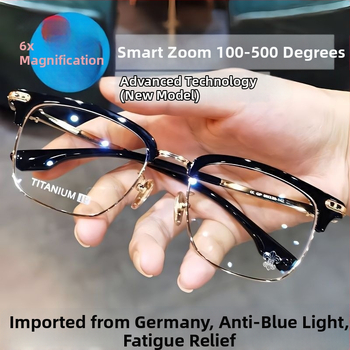 Ochelari de citit cu lentile anti-lumină albastră, zoom pentru distanță și apropiere, cadru fără ramă, cadru din titan, reglaj automat