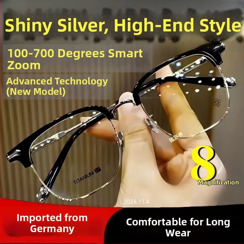 Ochelari de citit cu lentile anti-lumină albastră, zoom pentru distanță și apropiere, cadru fără ramă, cadru din titan, reglaj automat