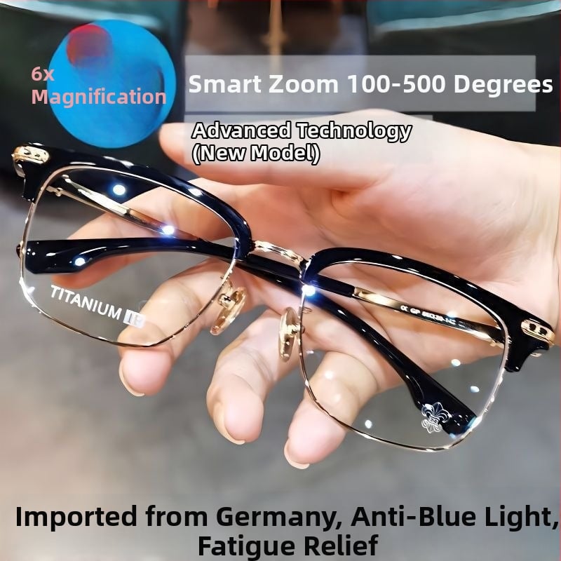 Ochelari de citit cu lentile anti-lumină albastră, zoom pentru distanță și apropiere, cadru fără ramă, cadru din titan, reglaj automat