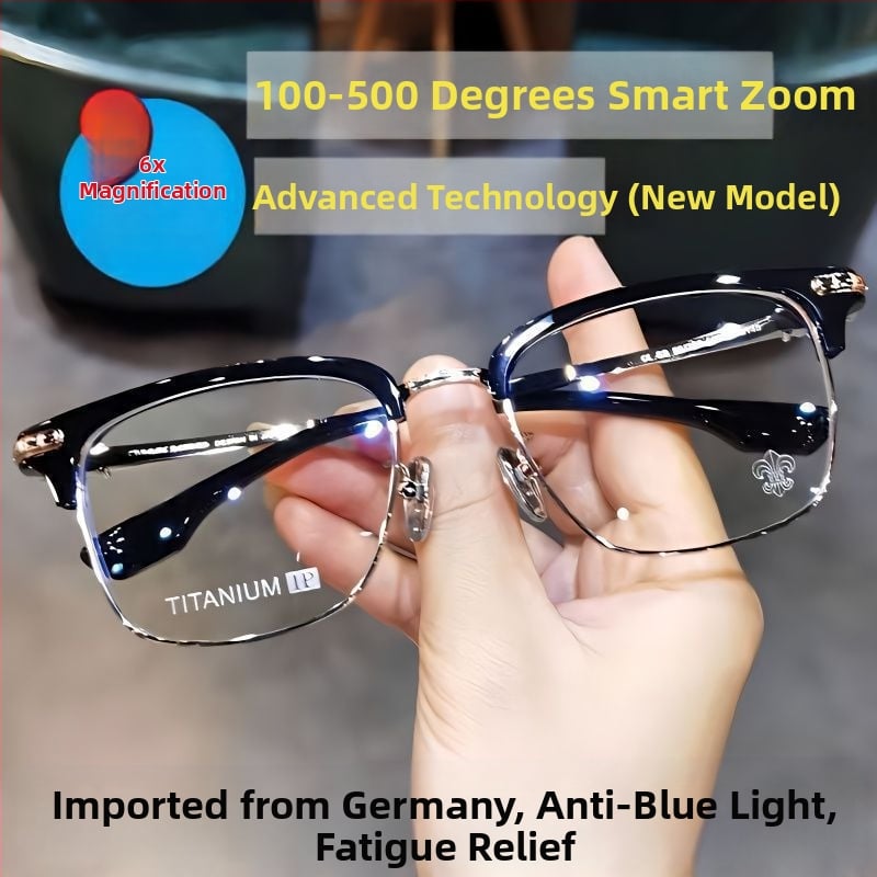 Ochelari de citit cu lentile anti-lumină albastră, zoom pentru distanță și apropiere, cadru fără ramă, cadru din titan, reglaj automat