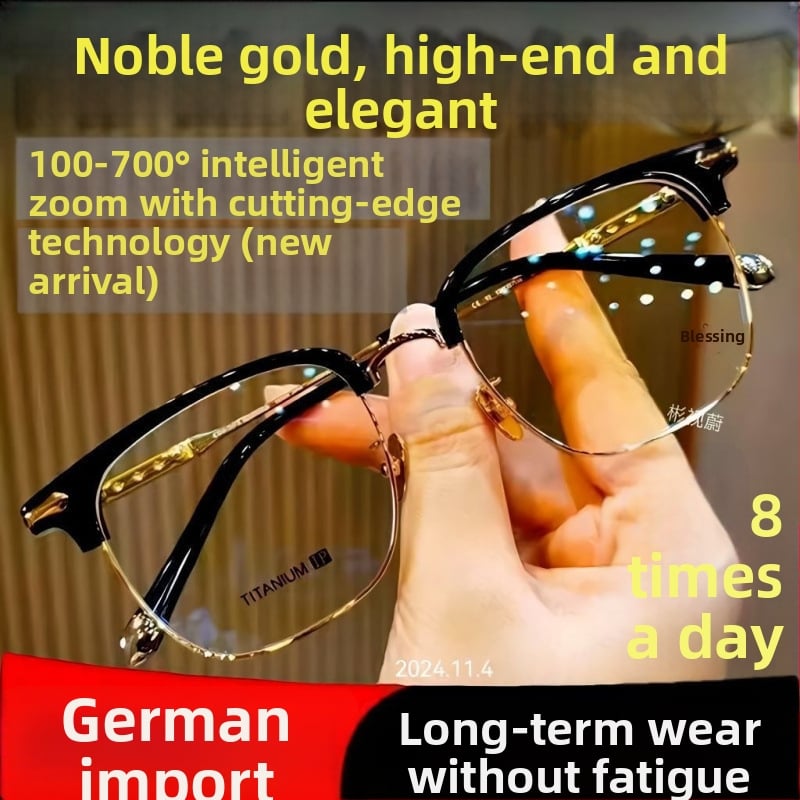 Ochelari de citit cu lentile anti-lumină albastră, zoom pentru distanță și apropiere, cadru fără ramă, cadru din titan, reglaj automat