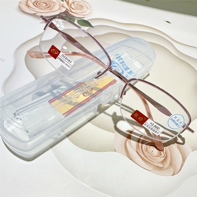 Presbyopické čitateľské okuliare s ochranou proti modrému svetlu, kovový polorám, šošovky z živice, dámsky model