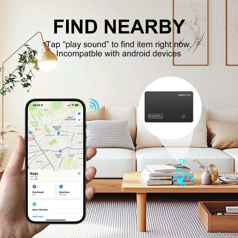 Airtag kortelių lokatorius – PVC korpusas, modelis Fdk001, 180mAh baterija, svoris 18 g, suderinamas su iOS