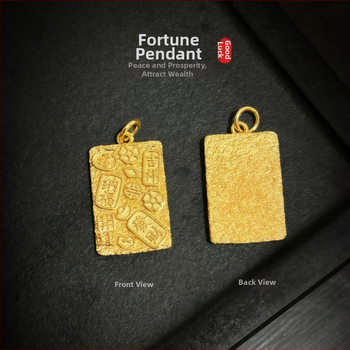 Κολιέ με ορθογώνιο μενταγιόν, χαραγμένο μήνυμα τύχης και ευημερίας; επιχρυσωμένος ορείχαλκος; ηλεκτροεπιχρύσωσης; κινέζικο στυλ, λογοτεχνικό ρετρό.