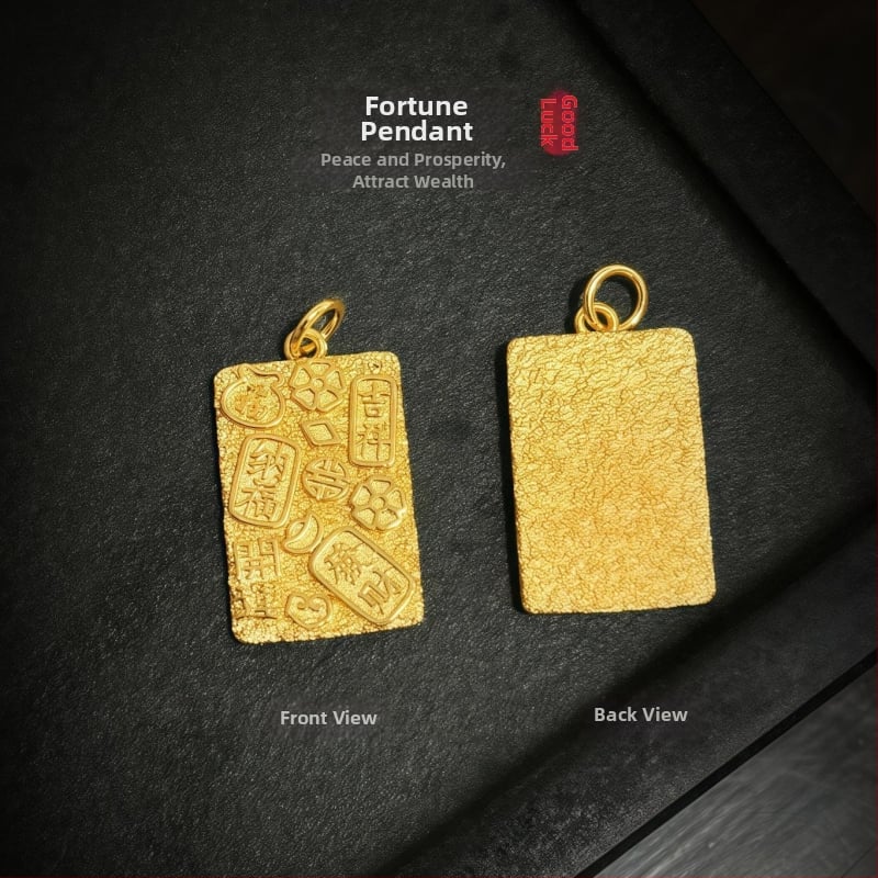 Κολιέ με ορθογώνιο μενταγιόν, χαραγμένο μήνυμα τύχης και ευημερίας; επιχρυσωμένος ορείχαλκος; ηλεκτροεπιχρύσωσης; κινέζικο στυλ, λογοτεχνικό ρετρό.