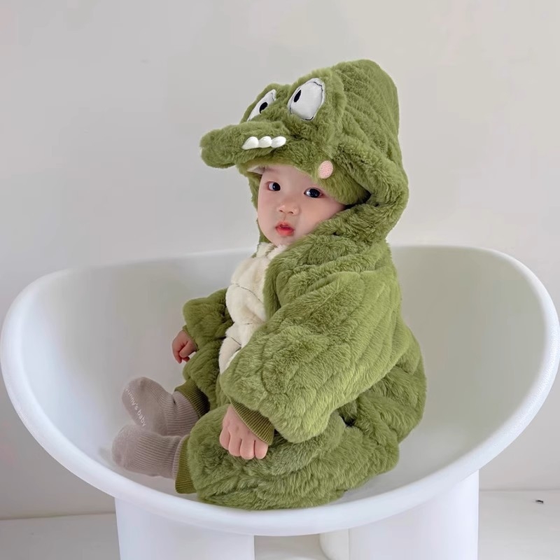 Dječji plišani kombinezon s dinosaurom — zimski, unisex, dugi rukavi, zatvarač, za novorođenčad 0–1 godina, poliester