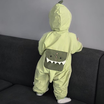 Combinezon bebelu cu glugă pentru primăvară-toamnă, dublu strat, model dinozaur, protecție la vânt, poliester, unisex, pentru nou-născuți 0–1 an