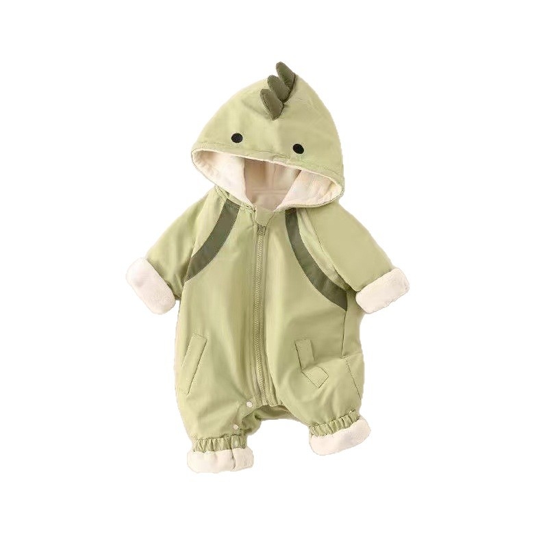 Combinezon bebelu cu glugă pentru primăvară-toamnă, dublu strat, model dinozaur, protecție la vânt, poliester, unisex, pentru nou-născuți 0–1 an