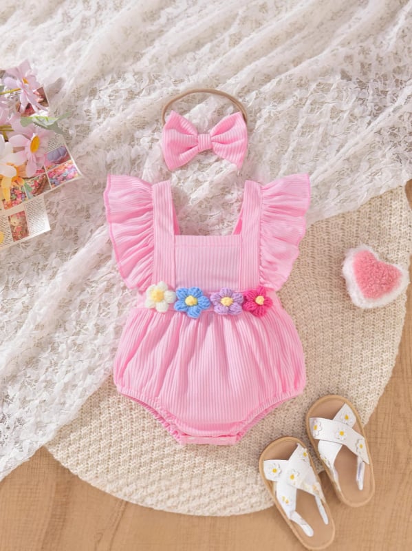 Lányoknak szóló, ujj nélküli kötött overál virágos vállpántokkal, dupla gombos zárás, 95% poliészter, 1–3 éveseknek (80–100 cm)