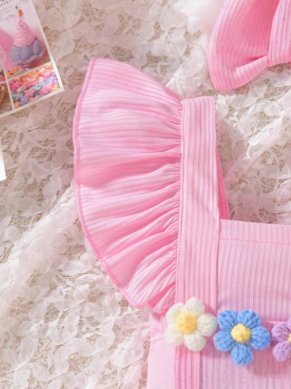 Lányoknak szóló, ujj nélküli kötött overál virágos vállpántokkal, dupla gombos zárás, 95% poliészter, 1–3 éveseknek (80–100 cm)