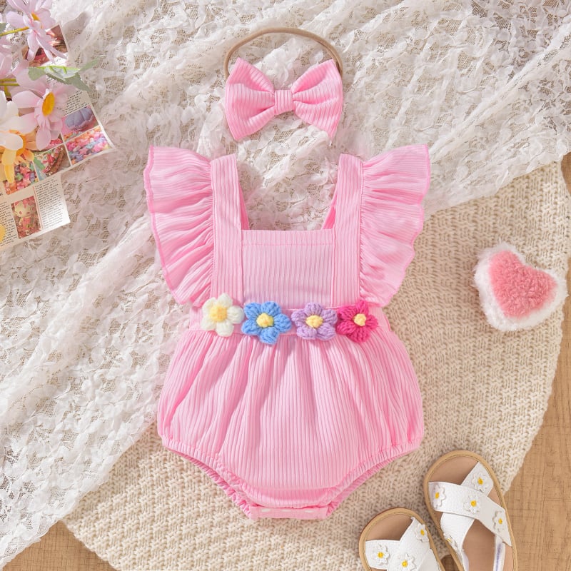 Lányoknak szóló, ujj nélküli kötött overál virágos vállpántokkal, dupla gombos zárás, 95% poliészter, 1–3 éveseknek (80–100 cm)