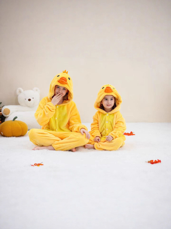 Flanelni dječji onesie s kapuljom, dizajn Velika Žuta Patka, 100% poliester, za dob 3-8 godina, proljeće i jesen