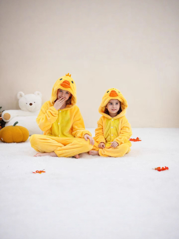 Flanelni dječji onesie s kapuljom, dizajn Velika Žuta Patka, 100% poliester, za dob 3-8 godina, proljeće i jesen