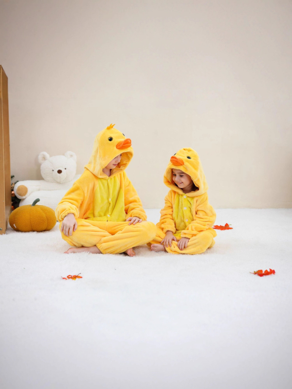Flanelni dječji onesie s kapuljom, dizajn Velika Žuta Patka, 100% poliester, za dob 3-8 godina, proljeće i jesen