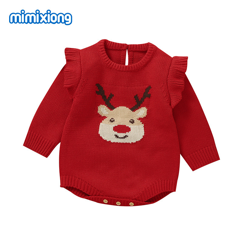 Dječji pleteni romper s trokutičnim jacquard uzorkom jelena, dugi rukavi, 95% akril, unisex, jesensko-zimsko izdanje 2024, Mimi Bear