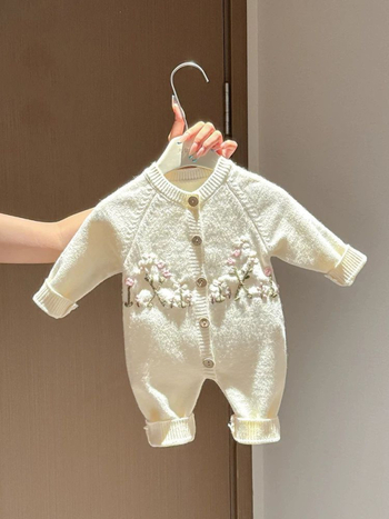 Pamučni romper za djecu od 1 do 3 godina, s ušivenim cvjetovima, dugi rukavi, unisex