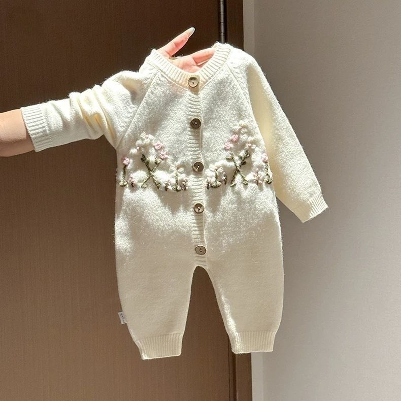 Pamučni romper za djecu od 1 do 3 godina, s ušivenim cvjetovima, dugi rukavi, unisex