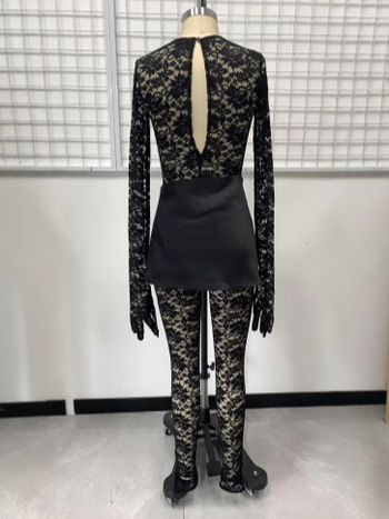 Δαντελένιος ολόσωμος με διάτρητο σχέδιο, στρογγυλός λαιμός, μακριές μανίκες, στενή γραμμή, χαμηλή μέση