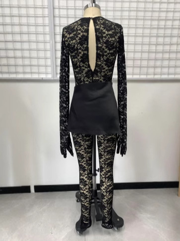 Δαντελένιος ολόσωμος με διάτρητο σχέδιο, στρογγυλός λαιμός, μακριές μανίκες, στενή γραμμή, χαμηλή μέση