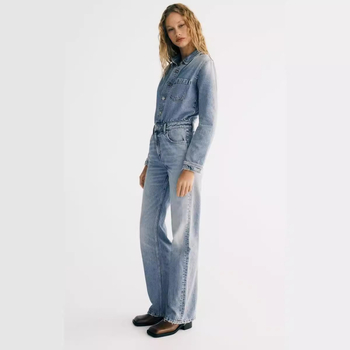 Γυναικεία ολόσωμη φόρμα τζιν, Street Hipster στυλ, πλυμένη, μακριά μανίκια, ίσιες παντελόνες